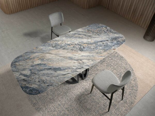 Mesa comedor ovalada barril mármol porcelánico y acero negro