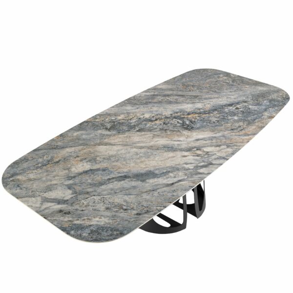 Mesa comedor ovalada barril mármol porcelánico y acero negro