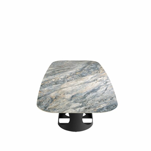 Mesa comedor ovalada barril mármol porcelánico y acero negro