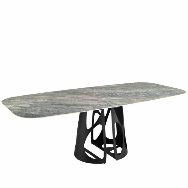 Mesa comedor ovalada barril mármol porcelánico y acero negro