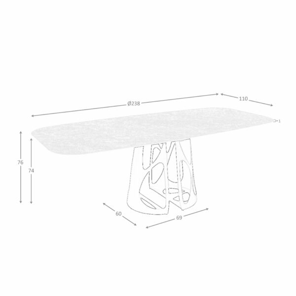Mesa comedor ovalada barril mármol porcelánico y acero negro