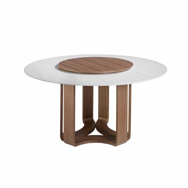 Mesa comedor redonda mármol porcelánico y nogal