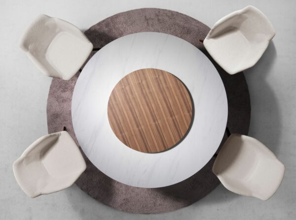Mesa comedor redonda mármol porcelánico y nogal