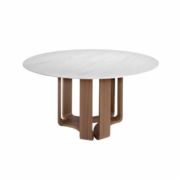 Mesa comedor redonda mármol porcelánico y nogal