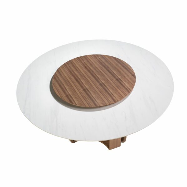Mesa comedor redonda mármol porcelánico y nogal