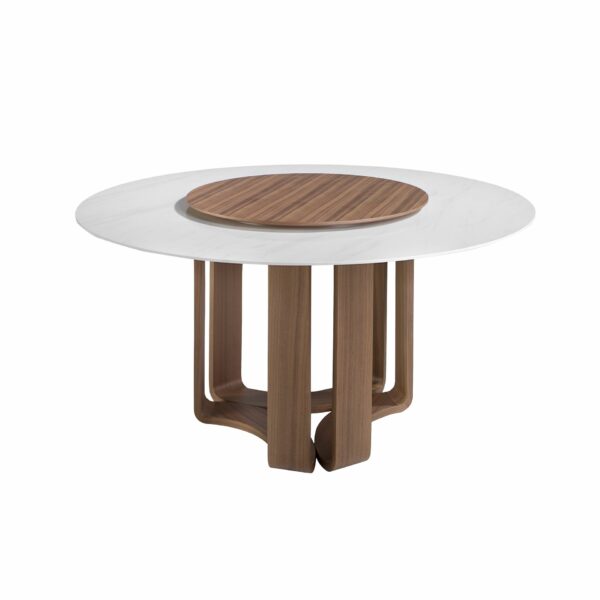 Mesa comedor redonda mármol porcelánico y nogal