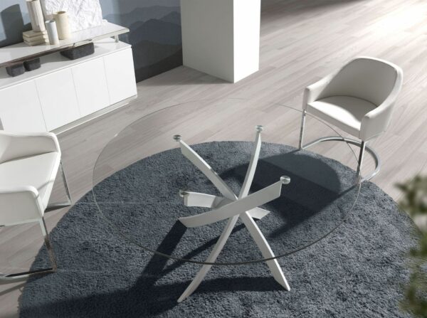 Mesa comedor redonda cristal templado y acero blanco
