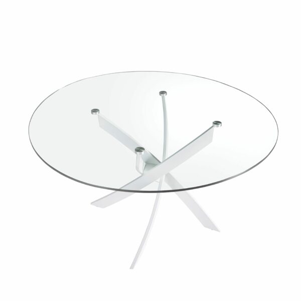 Mesa comedor redonda cristal templado y acero blanco