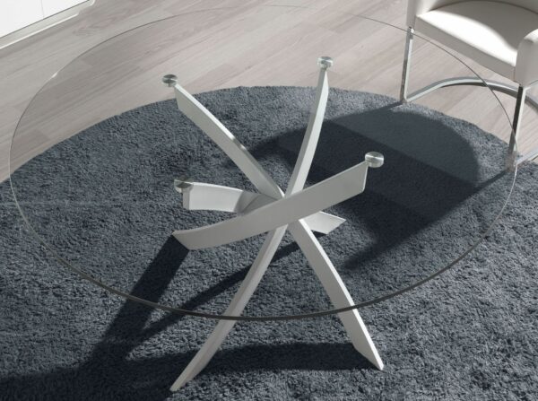 Mesa comedor redonda cristal templado y acero blanco