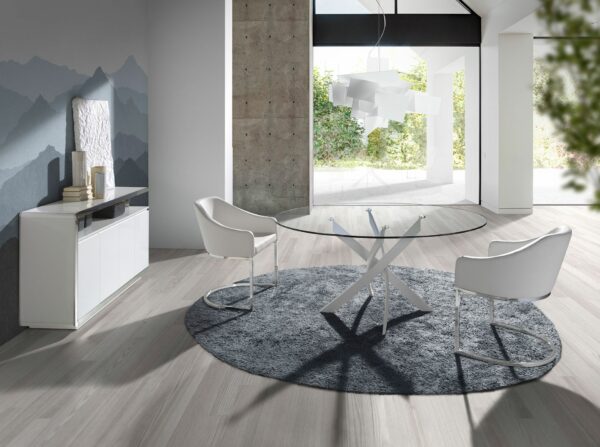 Mesa comedor redonda cristal templado y acero blanco