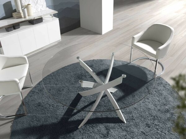 Mesa comedor redonda cristal templado y acero blanco