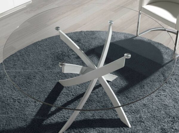 Mesa comedor redonda cristal templado y acero blanco