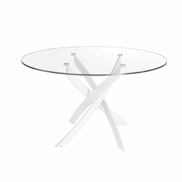 Mesa comedor redonda cristal templado y acero blanco