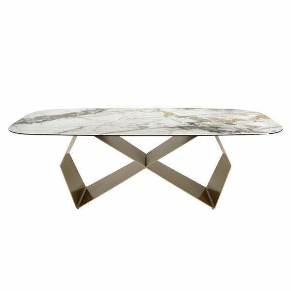 Mesa comedor rectangular mármol porcelánico y acero color champagne