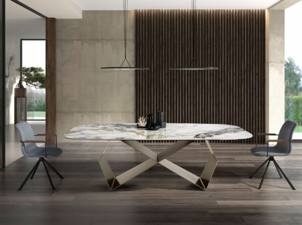 Mesa comedor rectangular mármol porcelánico y acero color champagne