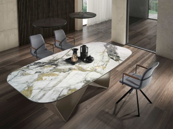 Mesa comedor rectangular mármol porcelánico y acero color champagne