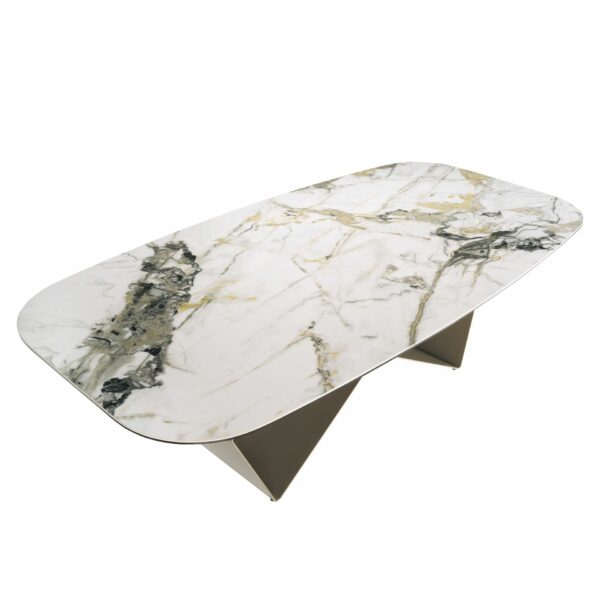Mesa comedor rectangular mármol porcelánico y acero color champagne