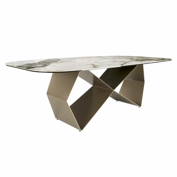 Mesa comedor rectangular mármol porcelánico y acero color champagne