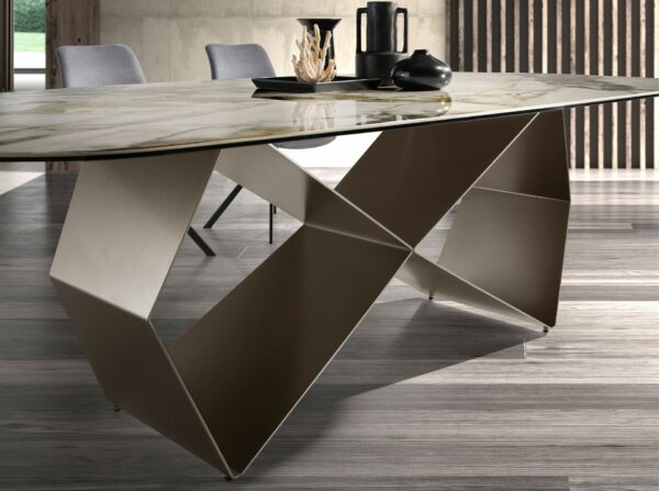 Mesa comedor rectangular mármol porcelánico y acero color champagne