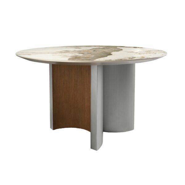 Mesa comedor redonda mármol porcelánico, nogal y madera color plata
