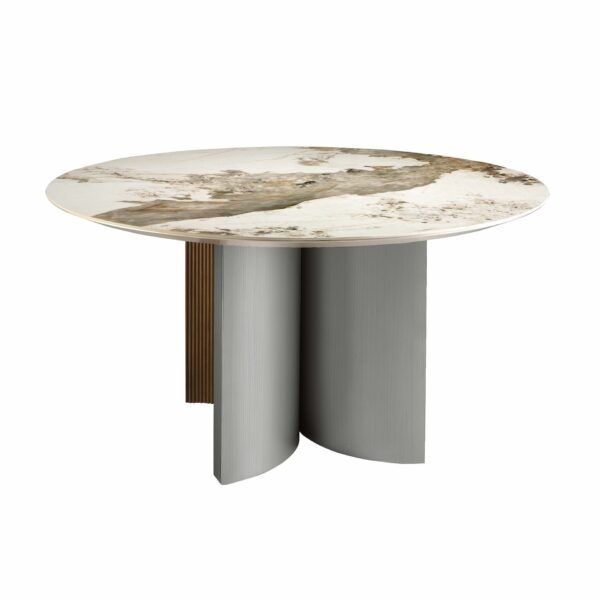 Mesa comedor redonda mármol porcelánico, nogal y madera color plata