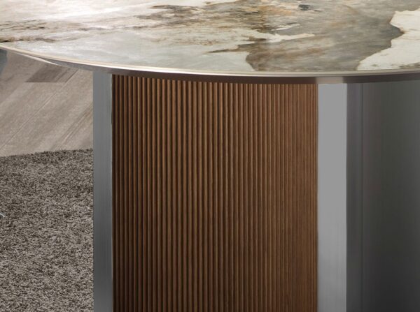 Mesa comedor redonda mármol porcelánico, nogal y madera color plata