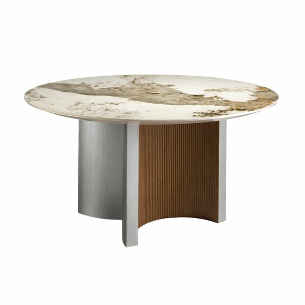 Mesa comedor redonda mármol porcelánico, nogal y madera color plata