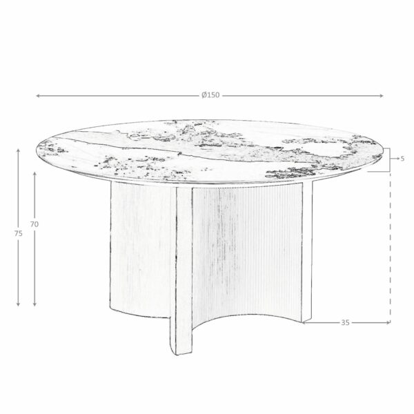 Mesa comedor redonda mármol porcelánico, nogal y madera color plata