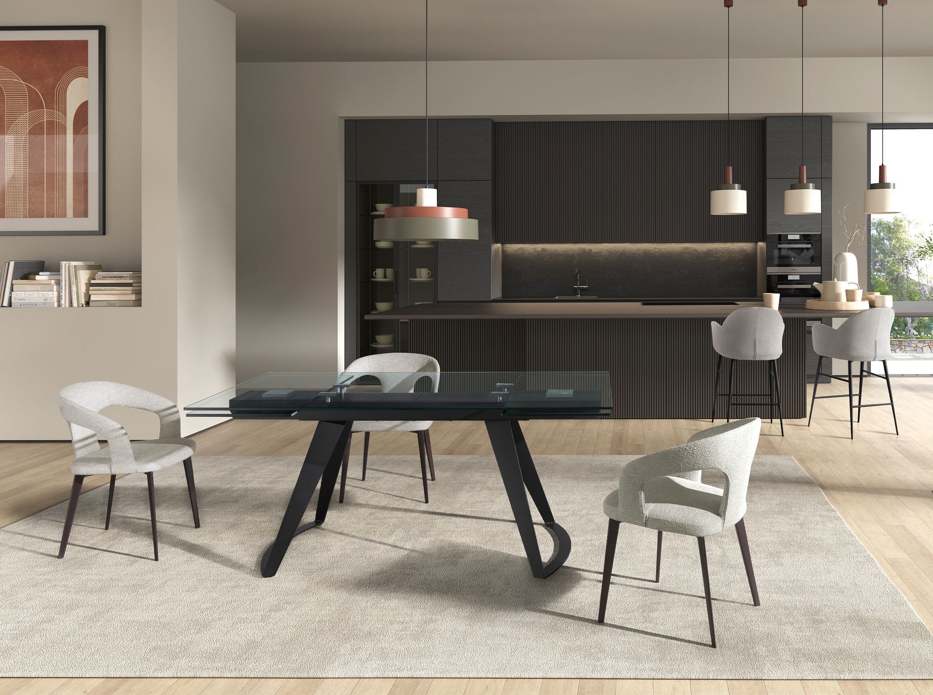 Mesa comedor extensible rectangular cristal templado y acero negro Mesa comedor extensible rectangular cristal templado y acero negro