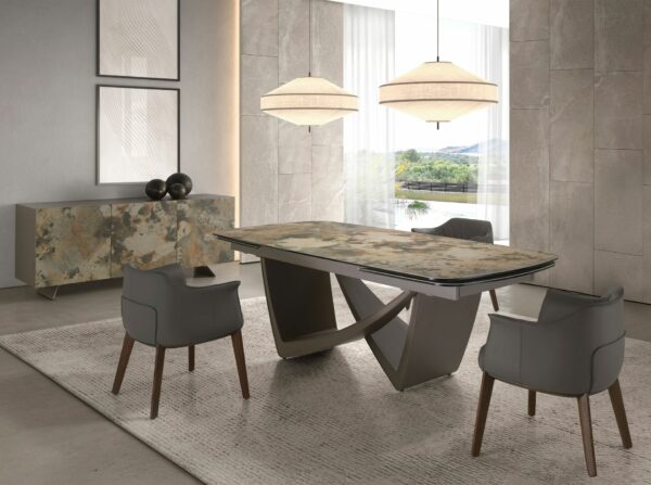 Mesa comedor extensible ovalada barril mármol porcelánico y acero taupé metalizado