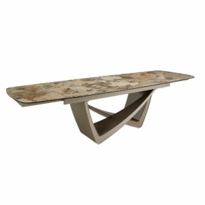 Mesa comedor extensible ovalada barril mármol porcelánico y acero taupé metalizado Mesa comedor extensible ovalada barril mármol porcelánico y acero taupé metalizado