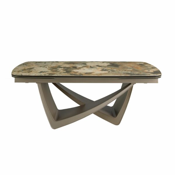Mesa comedor extensible ovalada barril mármol porcelánico y acero taupé metalizado