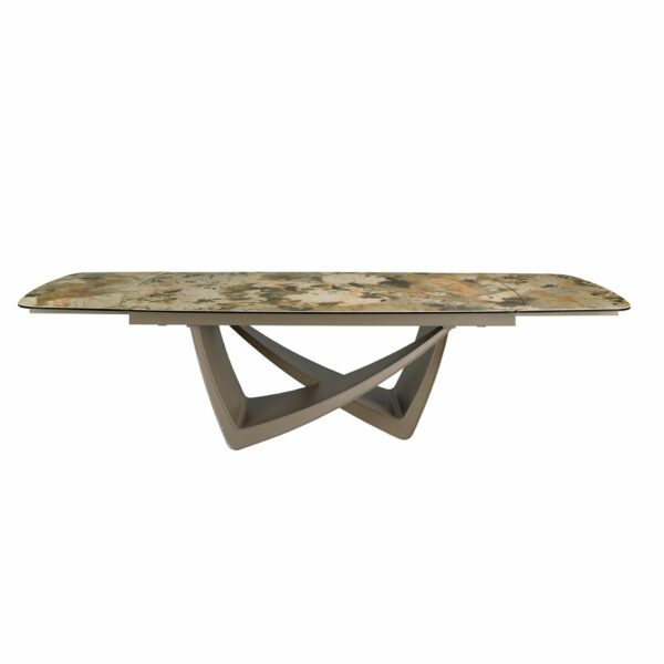 Mesa comedor extensible ovalada barril mármol porcelánico y acero taupé metalizado