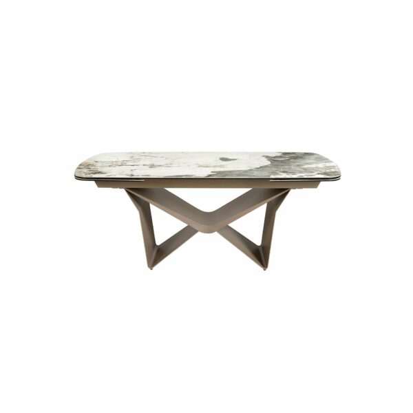 Mesa comedor extensible ovalada barril mármol porcelánico y acero taupé metalizado