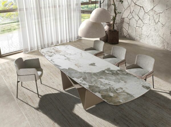 Mesa comedor extensible ovalada barril mármol porcelánico y acero taupé metalizado