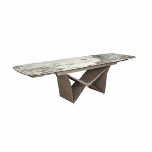 Mesa comedor extensible ovalada barril mármol porcelánico y acero taupé metalizado Mesa comedor extensible ovalada barril mármol porcelánico y acero taupé metalizado