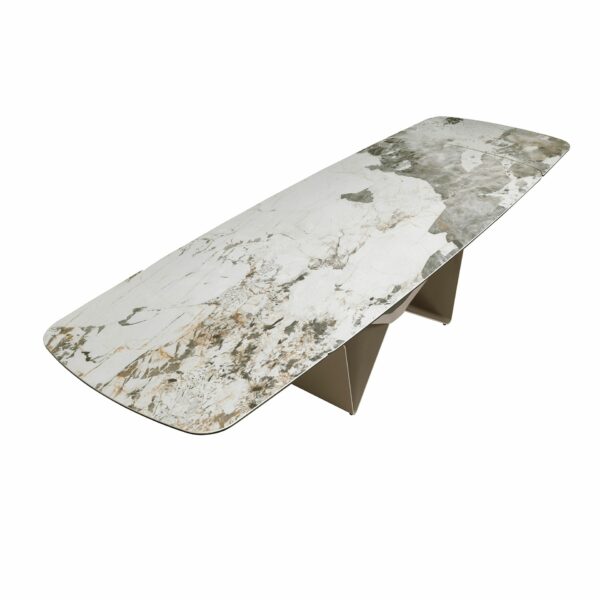 Mesa comedor extensible ovalada barril mármol porcelánico y acero taupé metalizado