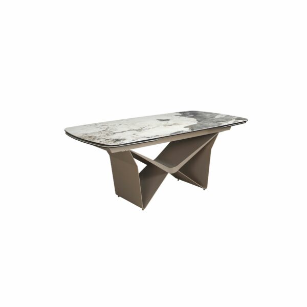 Mesa comedor extensible ovalada barril mármol porcelánico y acero taupé metalizado