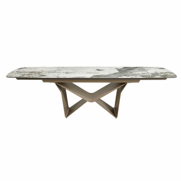 Mesa comedor extensible ovalada barril mármol porcelánico y acero taupé metalizado