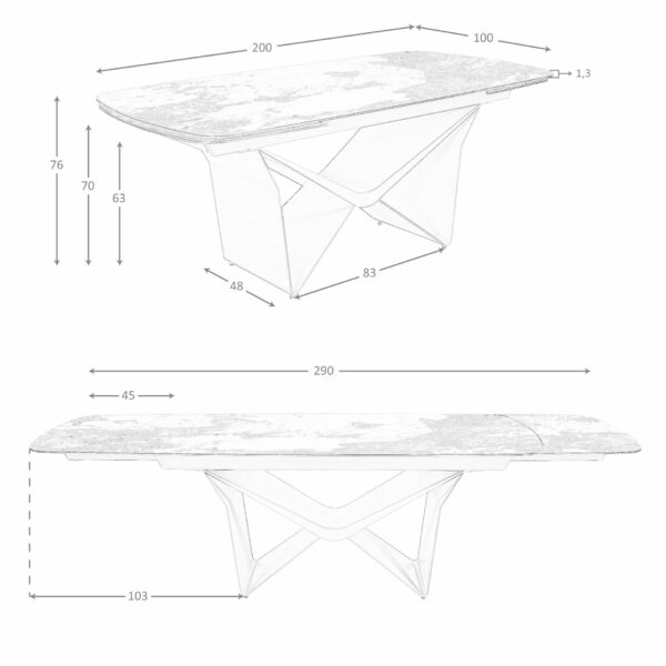 Mesa comedor extensible ovalada barril mármol porcelánico y acero taupé metalizado