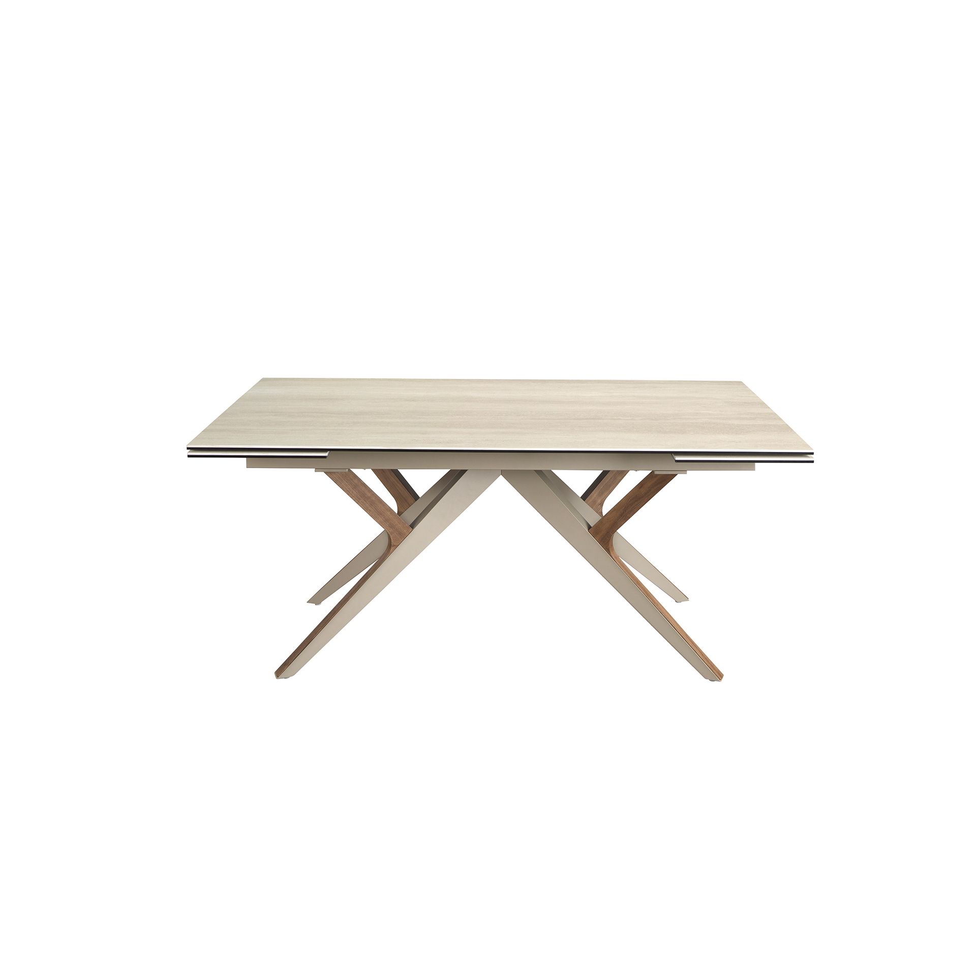 Mesa comedor extensible rectangular mármol porcelánico, acero arena metalizado y nogal Mesa comedor extensible rectangular mármol porcelánico, acero arena metalizado y nogal