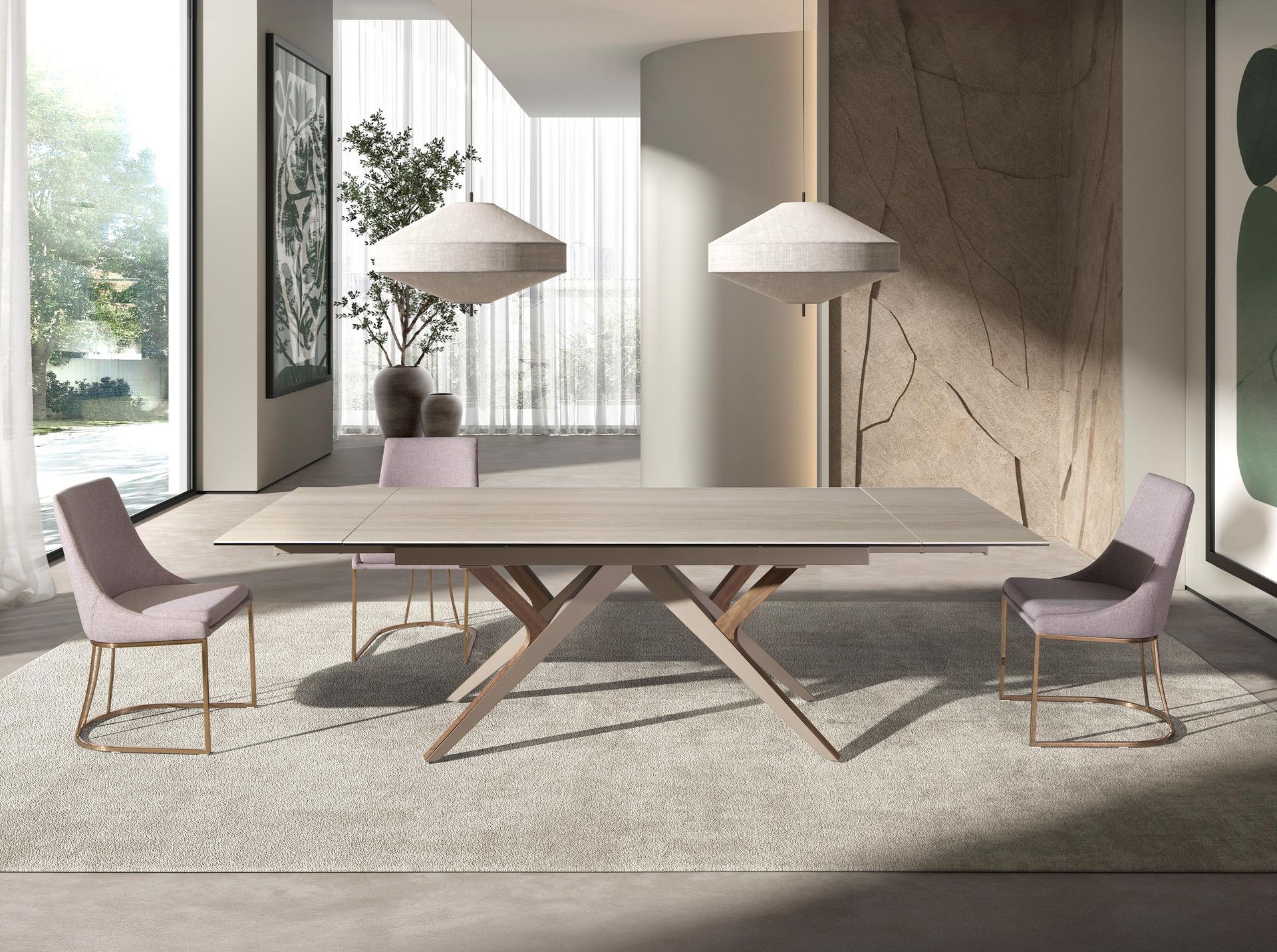 Mesa comedor extensible rectangular mármol porcelánico, acero arena metalizado y nogal Mesa comedor extensible rectangular mármol porcelánico, acero arena metalizado y nogal