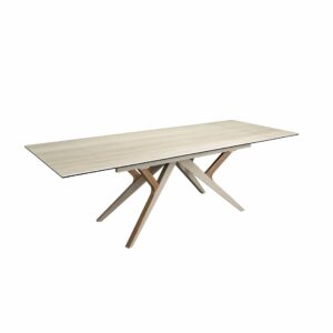 Mesa comedor extensible rectangular mármol porcelánico, acero arena metalizado y nogal Mesa comedor extensible rectangular mármol porcelánico, acero arena metalizado y nogal