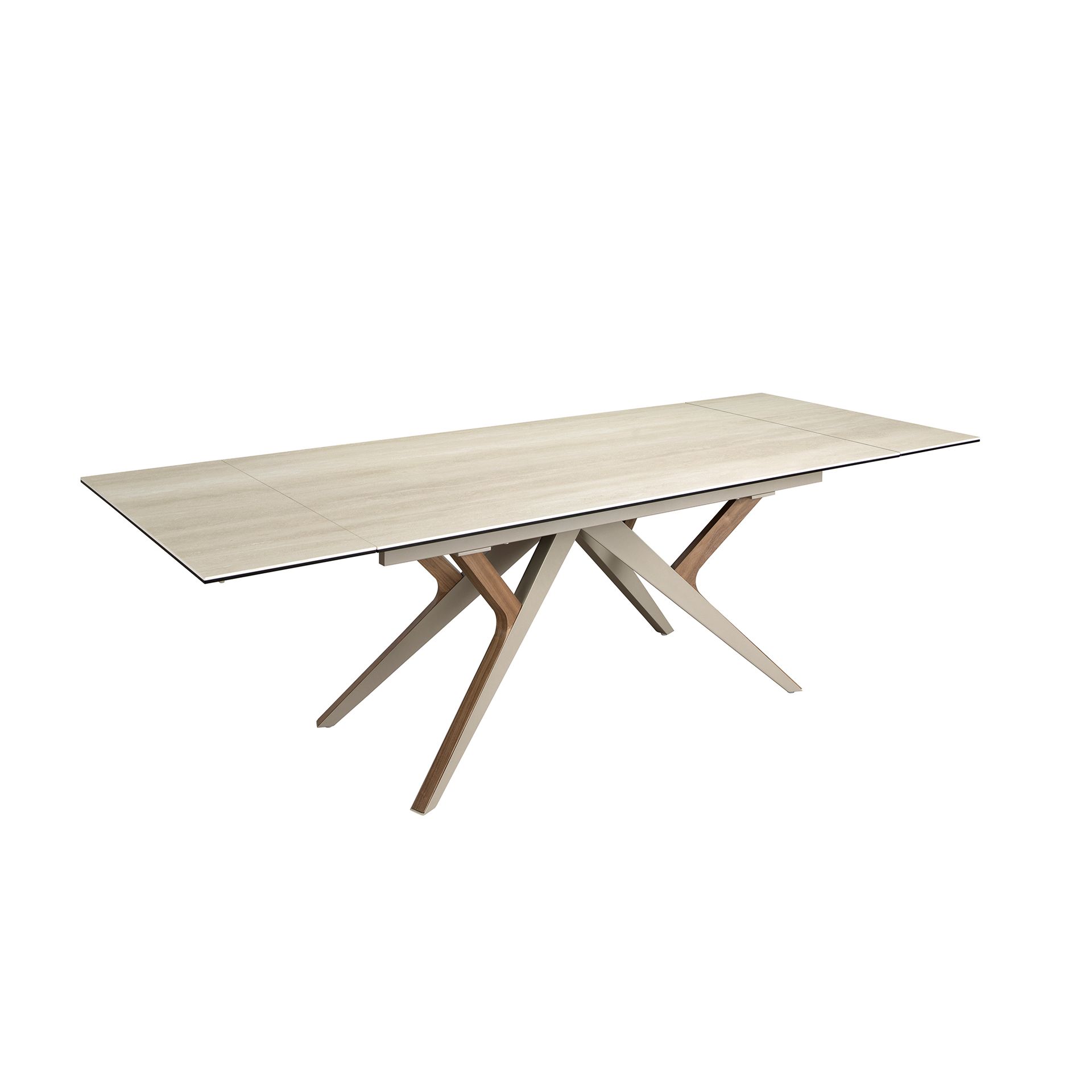 Mesa comedor extensible rectangular mármol porcelánico, acero arena metalizado y nogal Mesa comedor extensible rectangular mármol porcelánico, acero arena metalizado y nogal