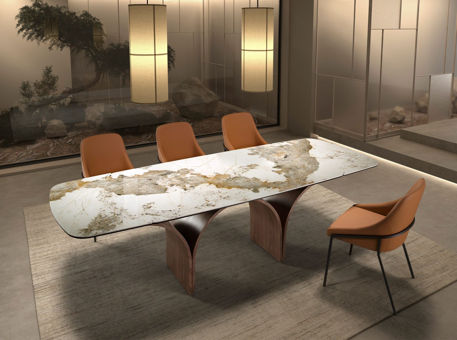 Mesa comedor extensible ovalada barril mármol porcelánico y acero efecto nogal Mesa comedor extensible ovalada barril mármol porcelánico y acero efecto nogal