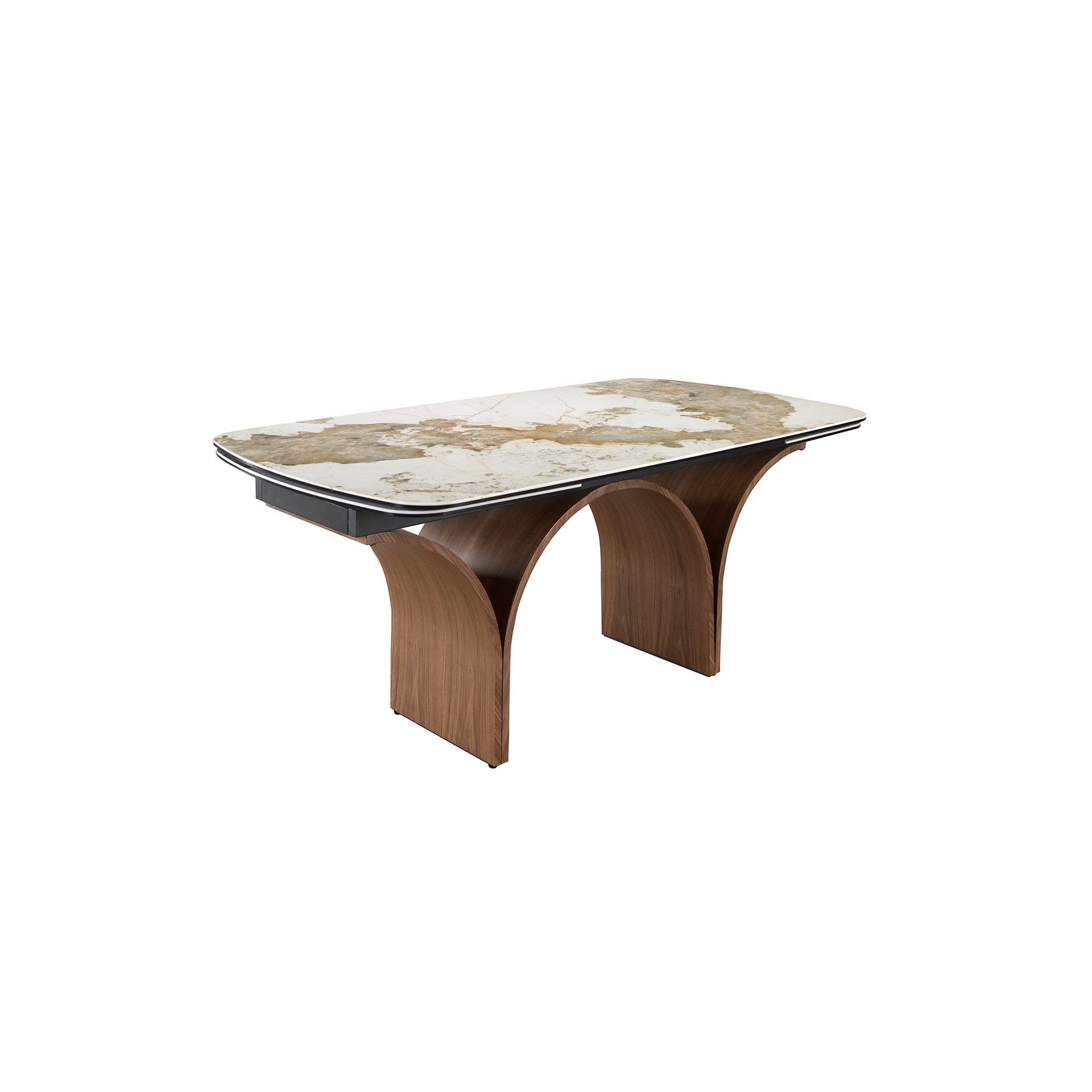 Mesa comedor extensible ovalada barril mármol porcelánico y acero efecto nogal Mesa comedor extensible ovalada barril mármol porcelánico y acero efecto nogal