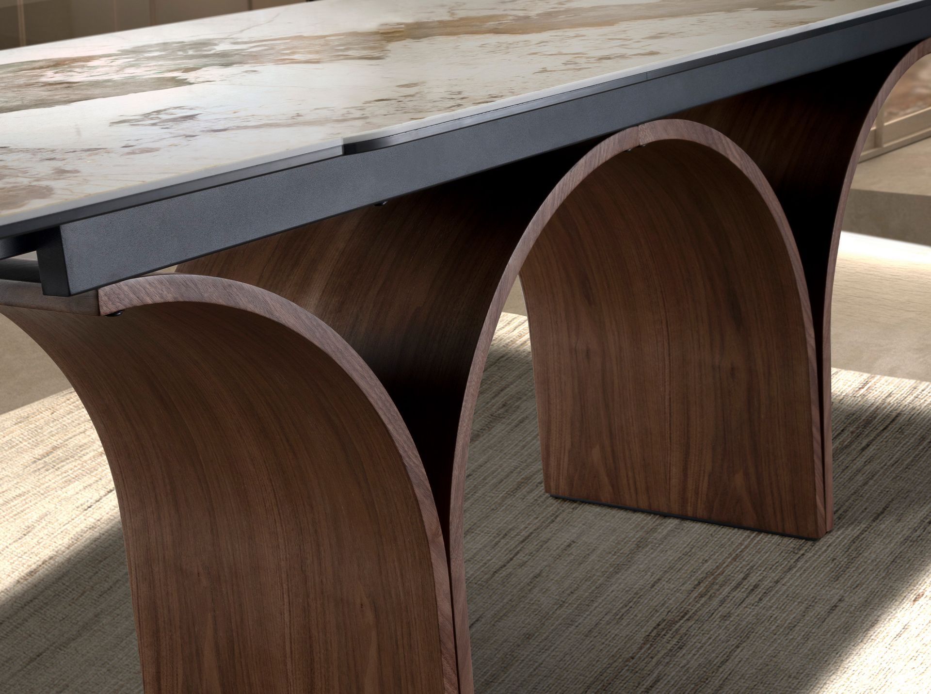 Mesa comedor extensible ovalada barril mármol porcelánico y acero efecto nogal Mesa comedor extensible ovalada barril mármol porcelánico y acero efecto nogal