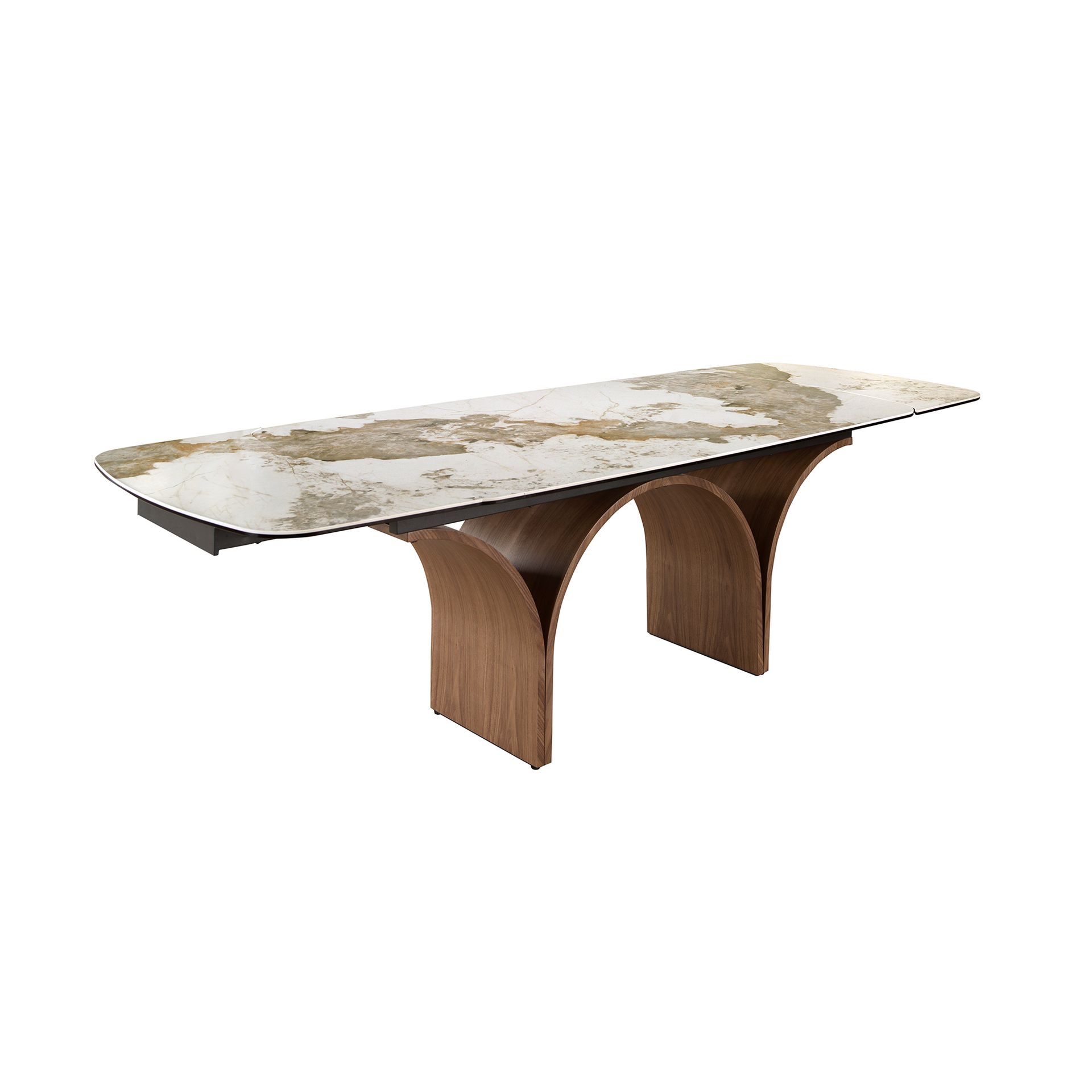 Mesa comedor extensible ovalada barril mármol porcelánico y acero efecto nogal Mesa comedor extensible ovalada barril mármol porcelánico y acero efecto nogal