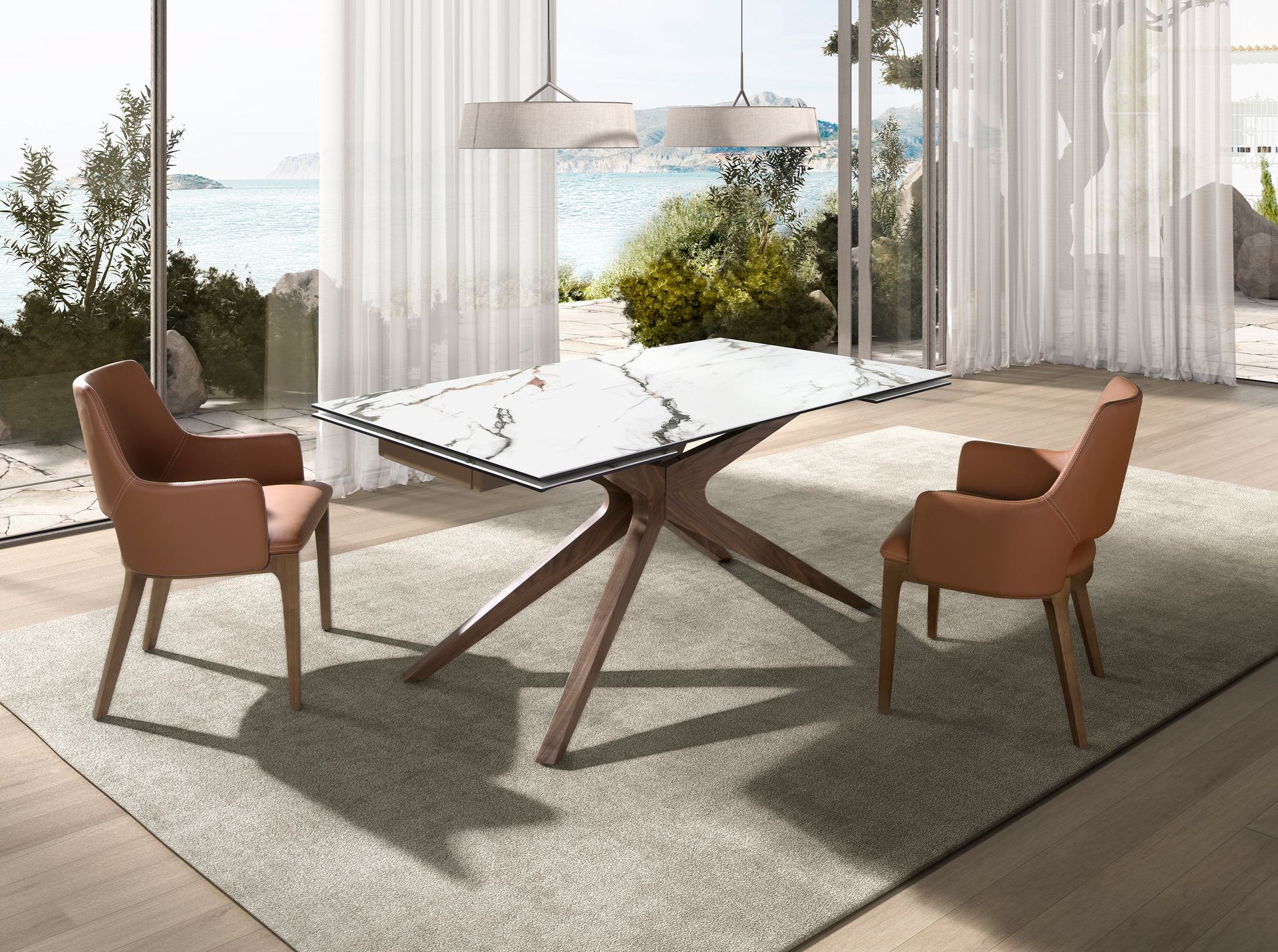 Mesa comedor extensible rectangular mármol porcelánico y nogal Mesa comedor extensible rectangular mármol porcelánico y nogal