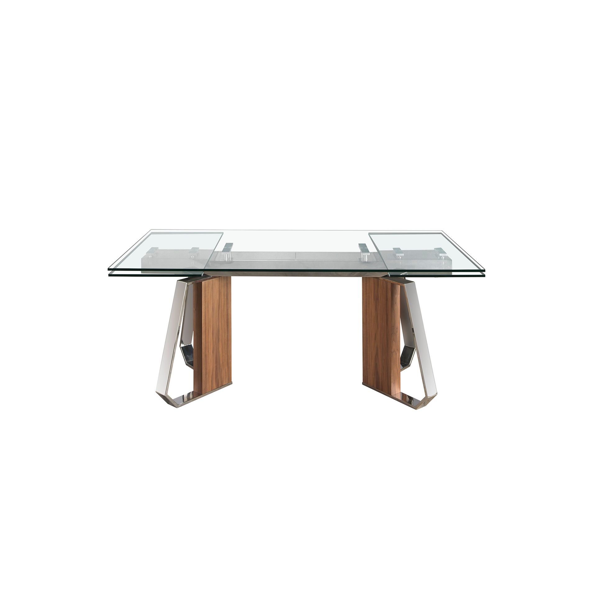 Mesa comedor extensible rectangular cristal templado, nogal y acero cromado Mesa comedor extensible rectangular cristal templado, nogal y acero cromado